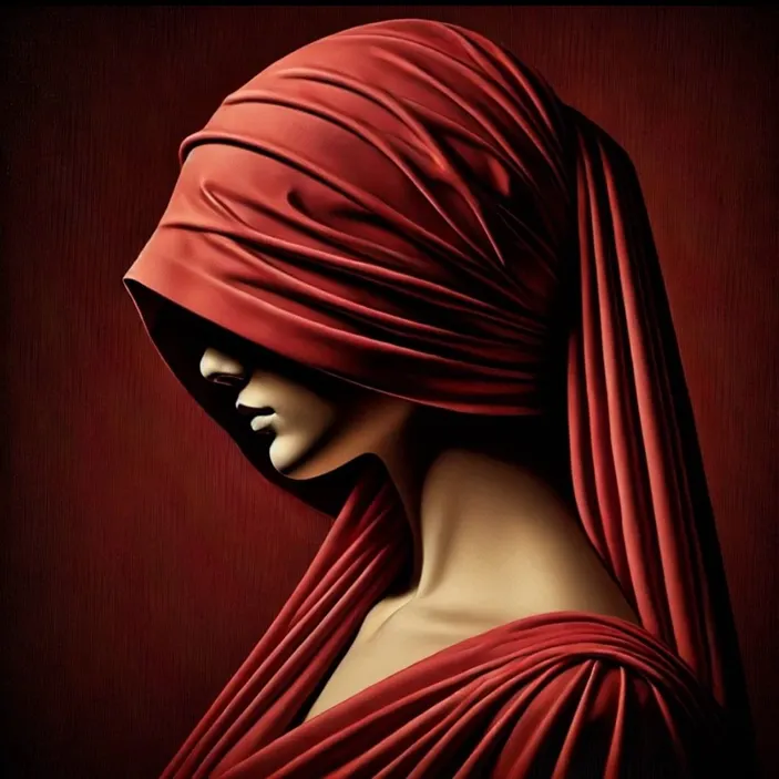 The AI-generated reference showing a figure wrapped in red fabric